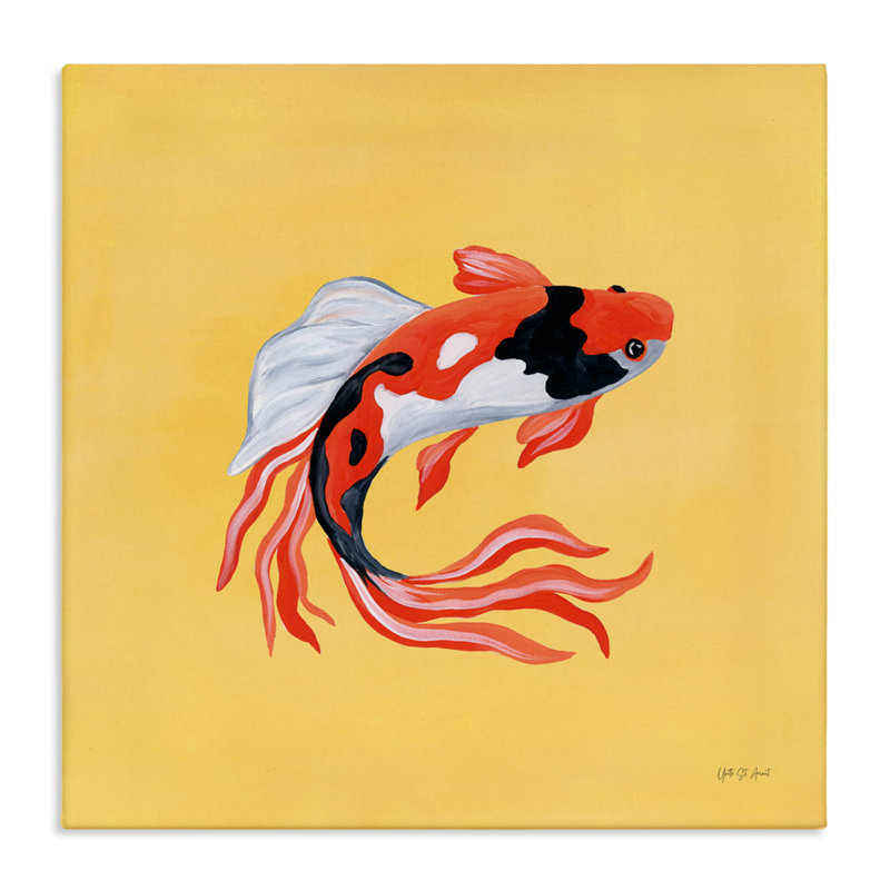 Koi coloré sur toile jaune, design par Yvette St. Amant, H 17 po x l 17 po