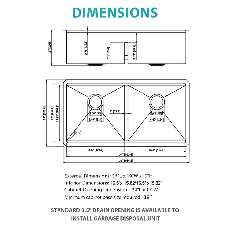 Évier de cuisine double à encastrer sous plan - 91,4 cm x 48,3 cm x 25,4 cm, canon de fusil noir, calibre 16, avec deux cuves de 25,4 cm de profondeur