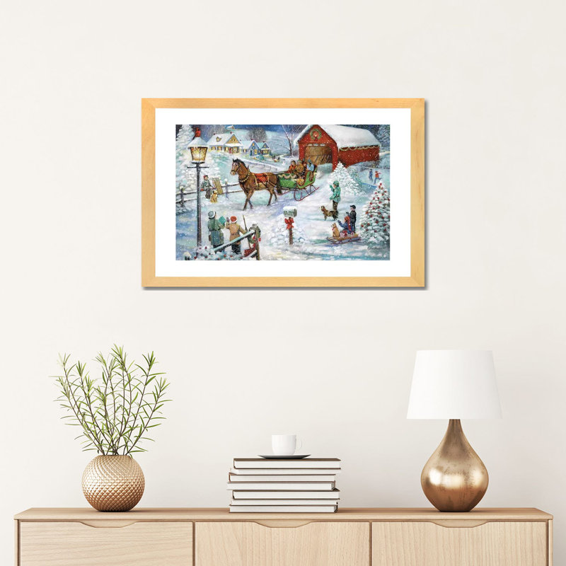 «Sleigh Ride» par Ruane Manning - reproduction d'art, H 16 po x l 24 po x P 1 po, Blanc, Papier avec cadre beige