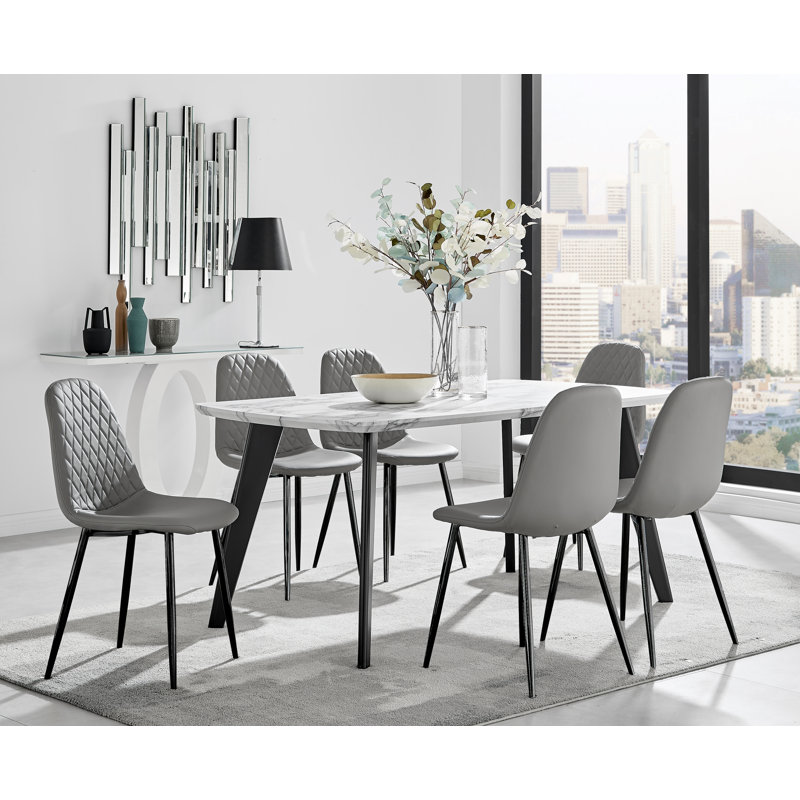 Anders Modern High Gloss Marble Effect Dining Table Set with 6 Luxury Faux Leather Dining Chairs, Grey/Black, Black