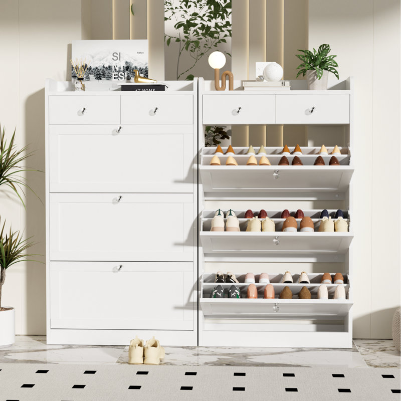 Shoe Storage Cabinet with 3 Flip Drawers, Narrow Shoe Rack with Diamond Handles for Entryway, Hallway, Living Room, White (Set of 2)
