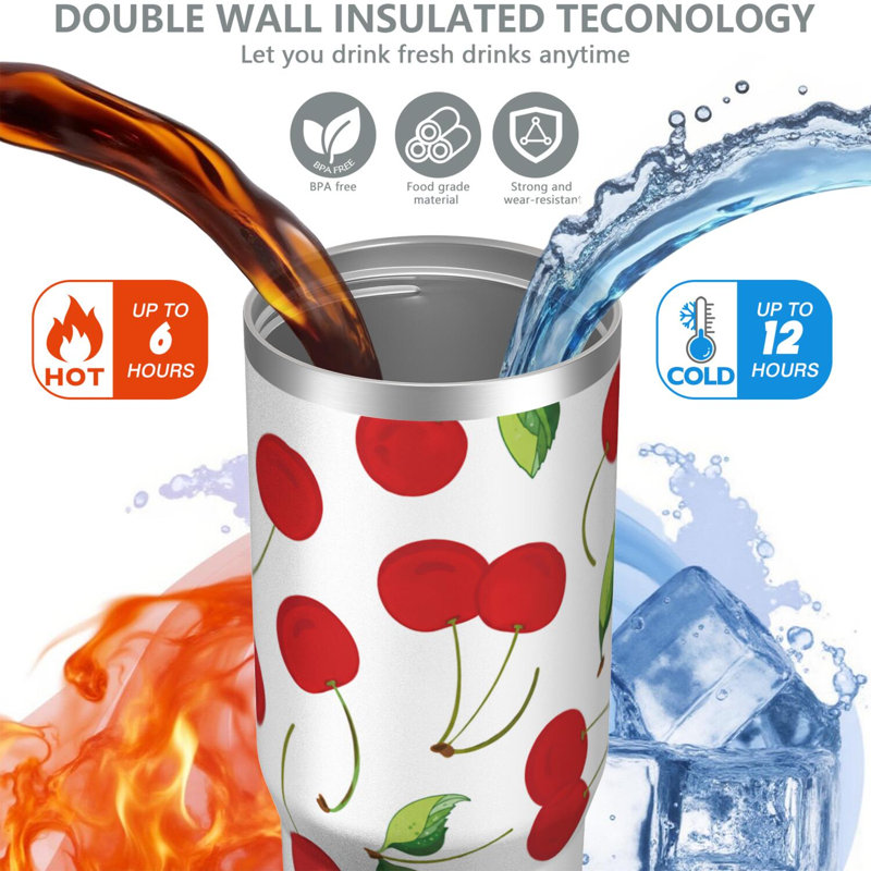 Gobelet 30 oz avec couvercle et poignée Gobelets isothermes en acier inoxydable Bouteille d'eau mignonne avec bascule (cerise)