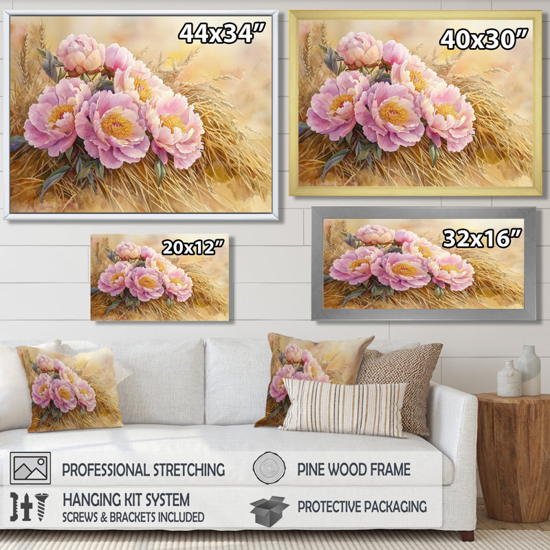 Ferme, pivoines le long de la meule de foin I - pivoines, art mural, Reproduction encadrée d'une seule photo sans pass