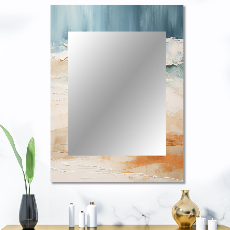 Beige et bleu Beach Tranquility I - grand miroir mural de plage, miroir décoratif beige, impression d'art en métal