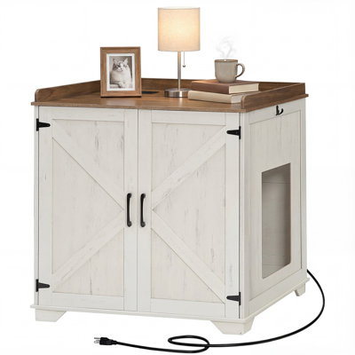 Automatic Litter Box Furniture for Large Capacity, Large Robotic Litter Box Cabinet with Charging Station and Hooks, Cat Litter Box Enclosure with Storage Top, White and Walnut