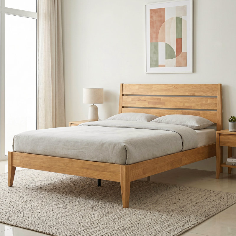 Tanira Full Size Mid-Century Solid Wood Platform Bed Frame, TAB-41-F, with Slatted Headboard, Honey Oak, No Box Spring Needed