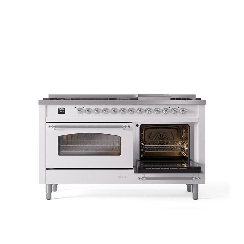 ILVE Nostalgie II 60 Dual Fuel Range, 9 Burners, Griddle, Liquid Propane, White/Chrome