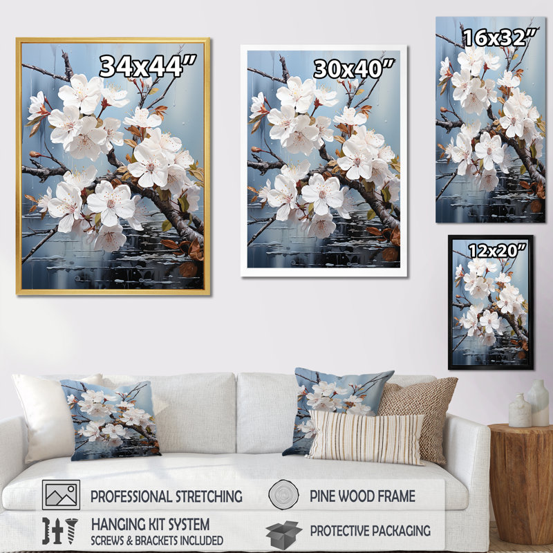 Minimalisme blanc et bleu Cherry Blossom III - impression d'art sur toile Cherry Blossom, Cadre simple argenté