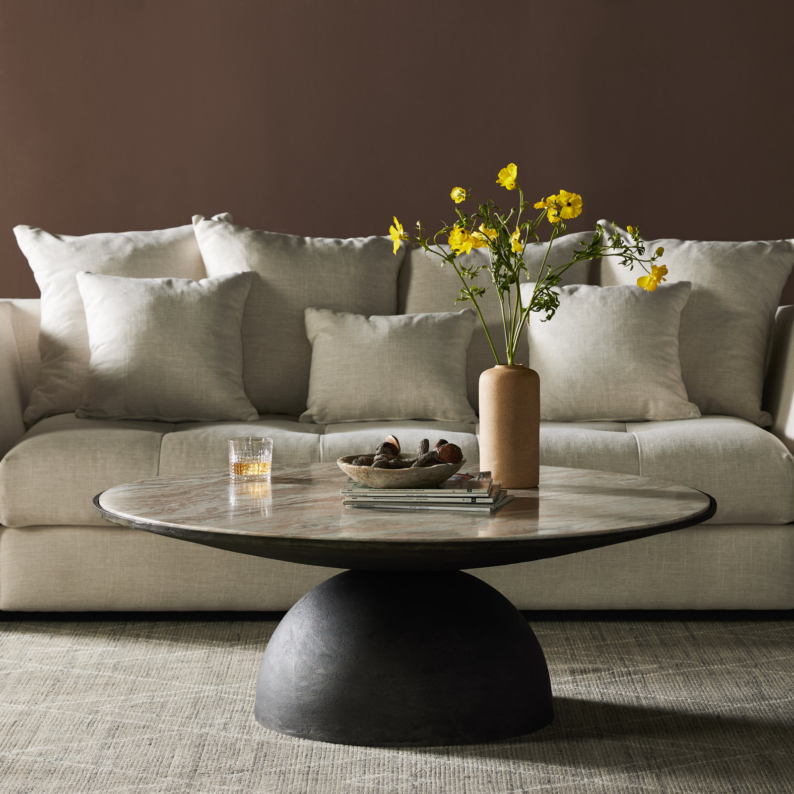 Single Coffee Table, 17" H x 47" L x 47" W, Creamy Taupe Top/Hammered Gray Base