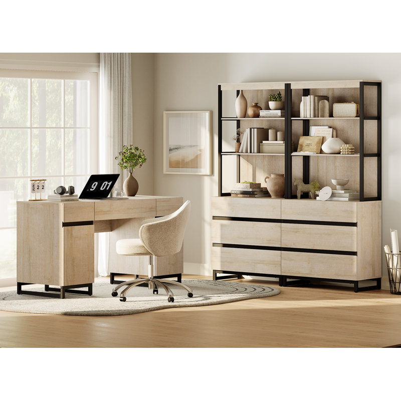 Aadam Home Office Furniture Set: 59" Executive Desk With Charging Station & Storage Cabinet + 72" Tall Bookcase With 6 Drawers, Modern Computer Desk & Library Shelf, Wood, Work Study