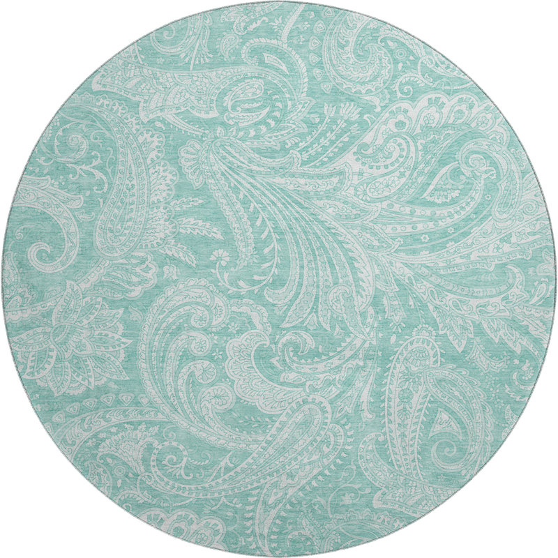Tapis bleu sarcelle lavable à la machine de qualité supérieure Apodaca, Rond 8 pi