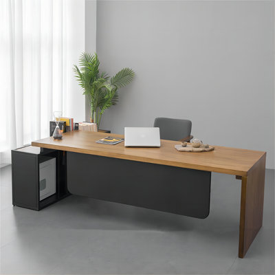 Burlywood L-shape Solid Wood Executive Desk with and Right Cabinet