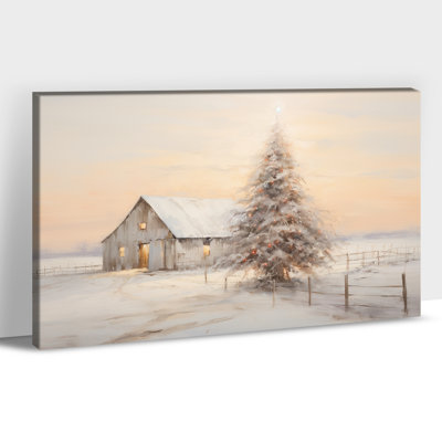 Large Christmas Farm Canvas Wall Art - Vintage Christmas Pictures Wall Decor, Rustic Winter Painting for Living Room, Farmhouse Christmas Tree Artwork Prints Wrapped Canvas, 36×48 inches