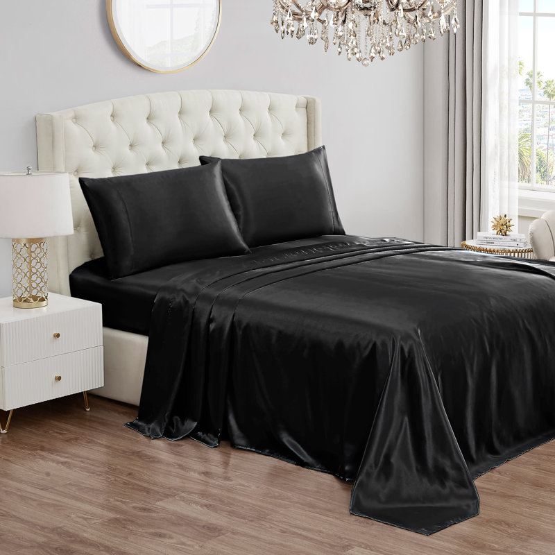 Juicy Couture Premium Silky Satin Sheet Sets, Black, Twin XL Sheet Set with 1 Pillowcase