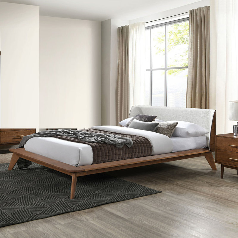 Lit plateforme Mid-Century moderne avec tête de lit à oreilles en tissu, prêt pour le matelas et durable