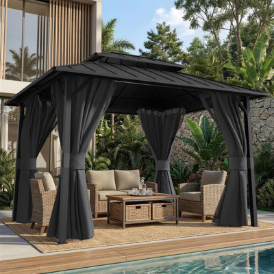 10 pi. L 12 pi. D Pavillon de jardin à toit rigide avec rideaux, pavillon de patio extérieur avec rideaux d'intimité, abri de jardin pour terrasse, bord de piscine et de divertissement