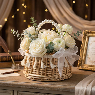 Panier de fille de fleur en osier tissé à la main avec poignée de perle, panier de mariage en rotin rustique avec pampille et ruban pour douche nuptiale, décoration intérieure, cadeau