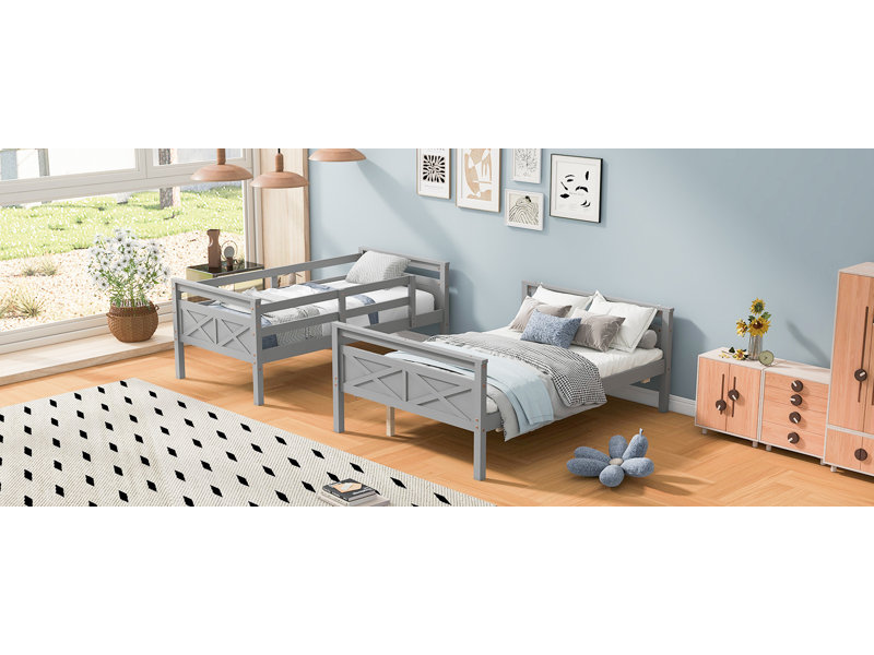 Lit simple superposé au dessus d'un lit double avec échelle, barrière de sécurité, parfaite pour la chambre à coucher, gris