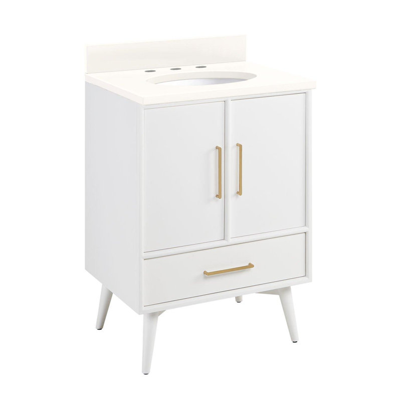 24" Novak Single Bathroom Vanity Set with Oval Undermount Sink, Arctic White Quartz, White/ 25" W, 8" Widespread