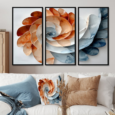 Pétales bleus et blancs dorés en spirale I - ensemble de décorations murales spirales abstraites