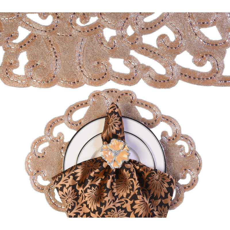 Hand Beaded Lace Circular Runner, 36"L x 19"W, Champagne Blush Pink