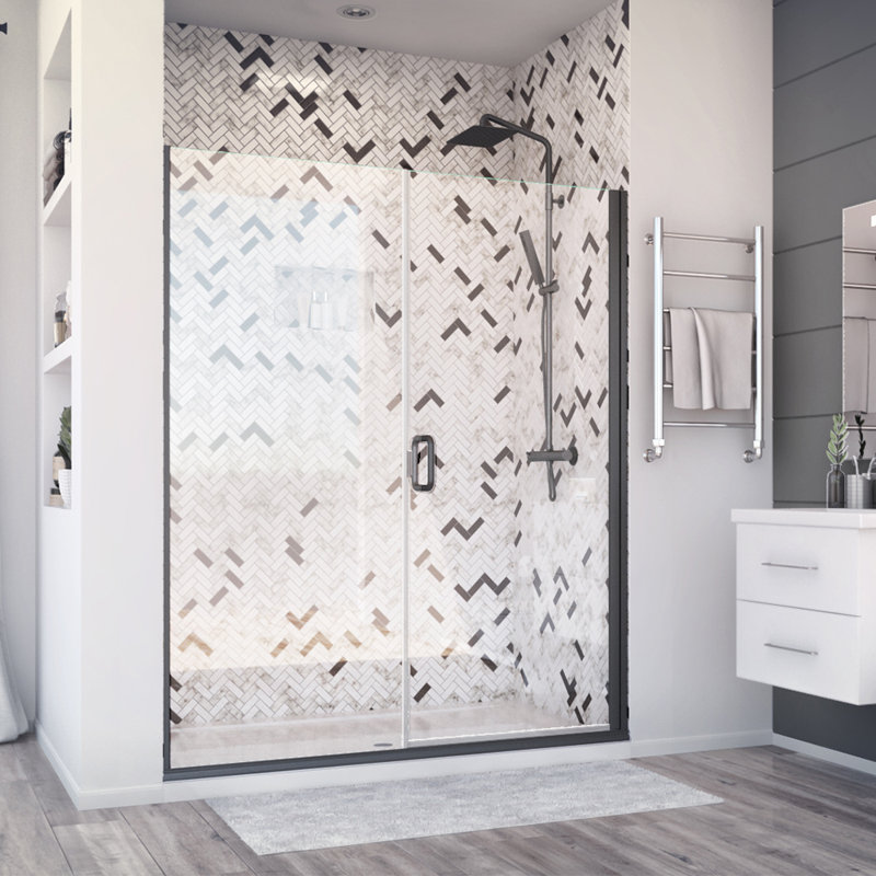 Porte de douche à charnière de luxe l 61 po x H 71,375 po semi-sans cadre et panneau aligné noir mat Deluxe, Noir mat