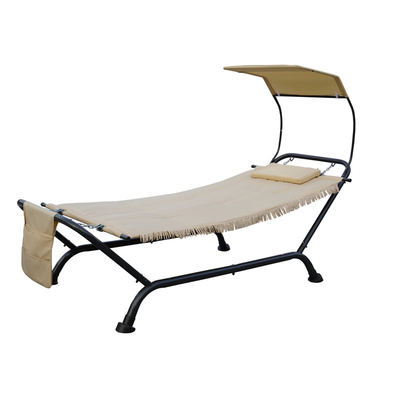 Hamac de patio extérieur Ailsa avec support, coussin, poches de rangement (toile beige et cadre noir)