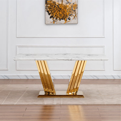 Modern Faux Marble Dining Table with Polished Edges and Mirrored Finish Stainless Steel Base, Ideal for 6-8 People