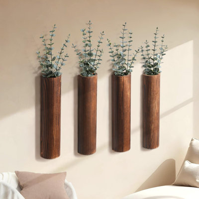 Pot de fleurs mural en bois avec 20 pièces d'eucalyptus artificiel, décor moderne pour le salon, la chambre à coucher, le vestibule, les vases muraux bohème de ferme pour fleurs séchées et plantes artificielles - paquet de 4