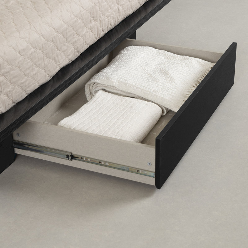 Black Oak Queen Platform Bed with Upholstered Headboard and Drawer