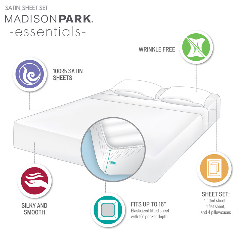 Satin Wrinkle Resistant Luxury Sheet Set, Full Sheet Set + 4 Standard Pillowcases, Midnight Blue
