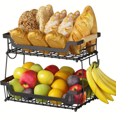 Panier de fruits à 3 niveaux avec 2 crochets de banane pour la cuisine, organisateur de fruits amovible en métal avec poignées en bois, bol de rangement, noir