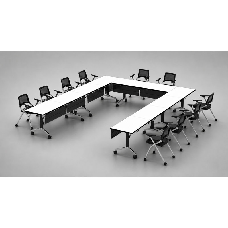 Tables de formation mobiles commerciales avec alimentation intégrée et chaises de travail empilables | Ensemble de 5 tables et 10 chaises | Tables de formation pliantes et empilables de 203 cm (80 po) | Roulettes verrouillables | Mobilier pour salles de conférence et salles de classe | Blanc 10 places