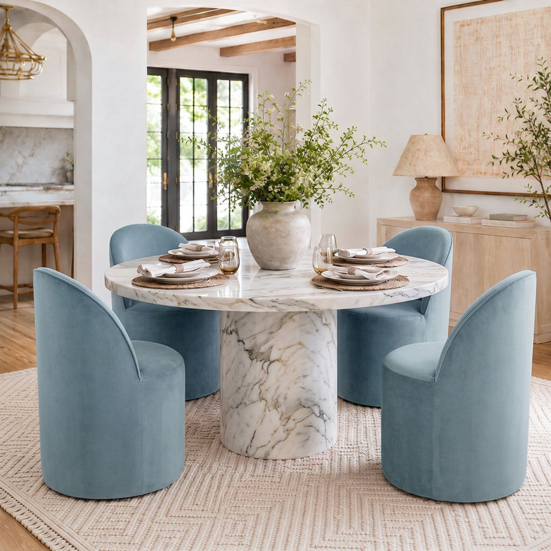 Chaise de salle à manger rembourrée en velours entièrement roulée avec roulettes cachées (ensemble de 4), Bleu
