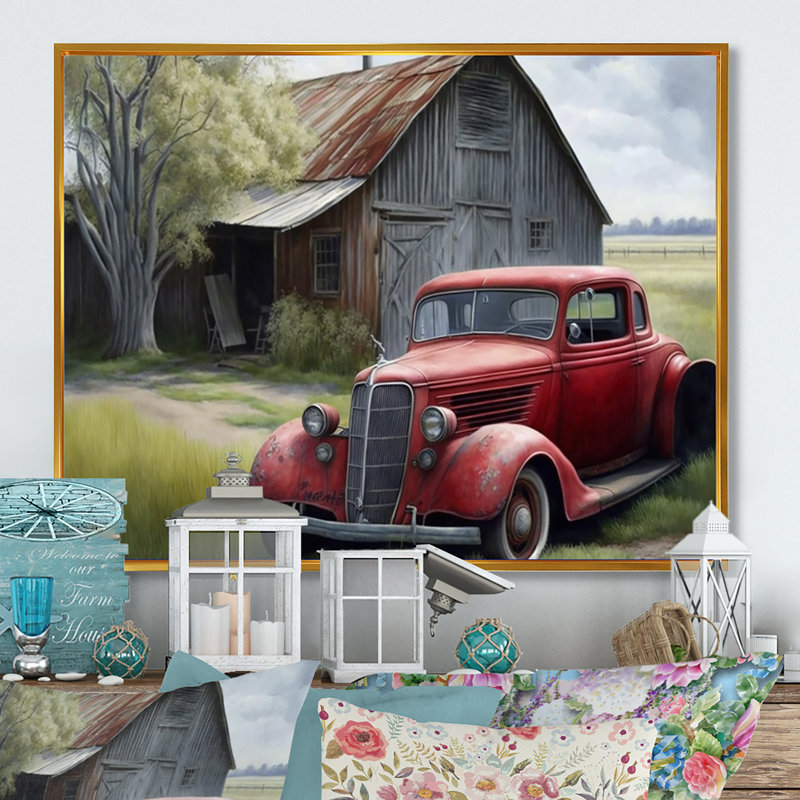 «Red Car» par Barn - reproduction sur toile, Toile avec cadre flottant or, 30" H x 40" W