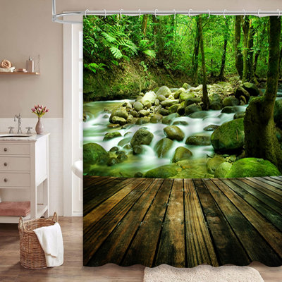 Wood Floor Mountain Waterfall Creek Nature Shower Curtain with 12 Hooks