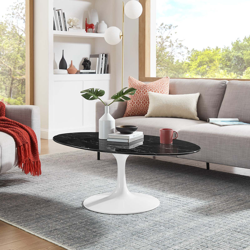 Table basse ovale en marbre Lippa, Noir, L 48 po x L 27,5 po, Marbre