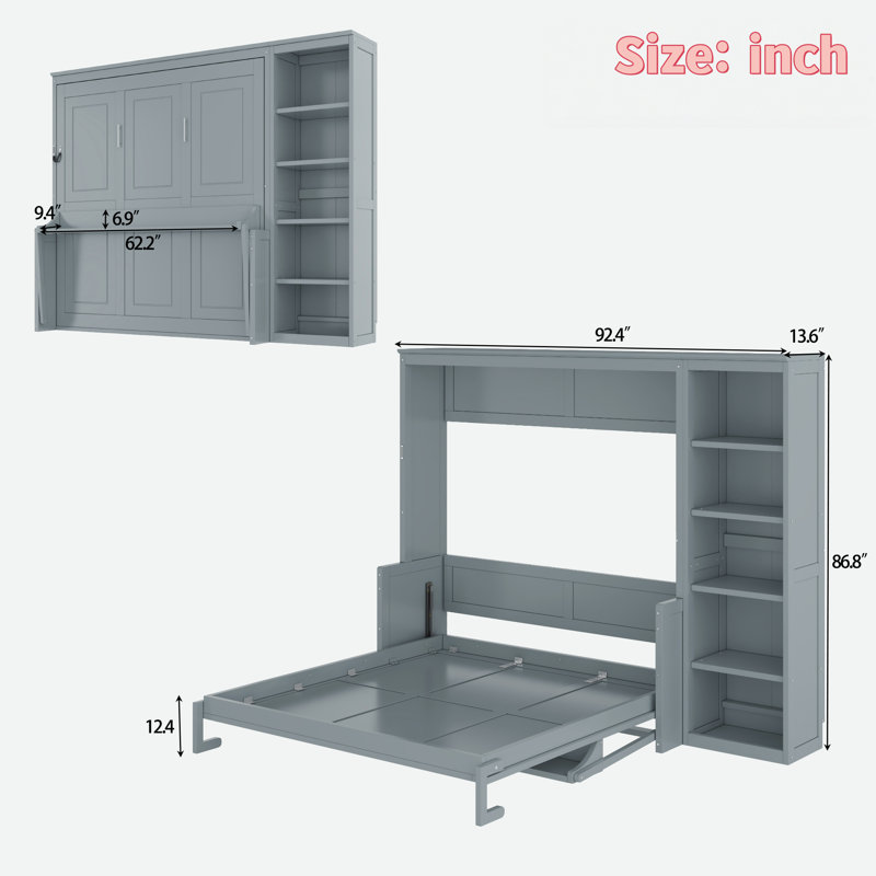 Lit escamotable avec bureau et tablettes Murphy, Gris, Grand lit