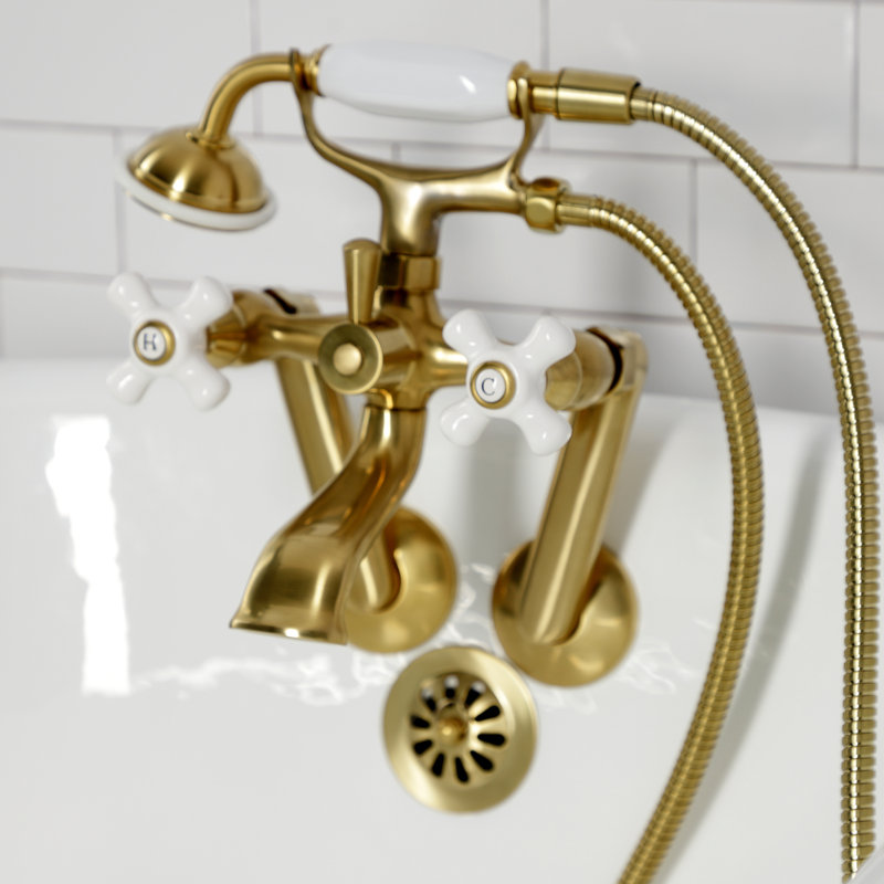 Kingston Brass Kingston Three-Handle 2-Hole Tub Wall Mount Clawfoot Tub Faucet with Hand Shower, Brushed Brass