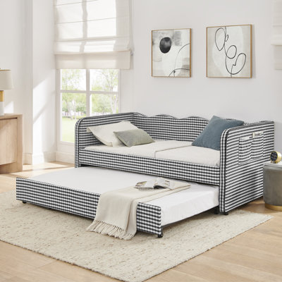 Twin‑Size Daybed, Gingham Upholstered 3‑in‑1 Versatile Convertible Sofa Bed with Pull‑Out Trundle & Side Storage Pockets, Ideal for Multiple Room Layouts and Small‑Space Living-Black