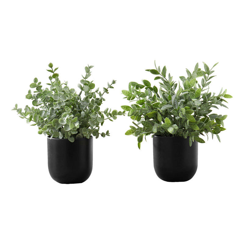 11'' Green Faux Eucalyptus and Grass Plants in Black Pots