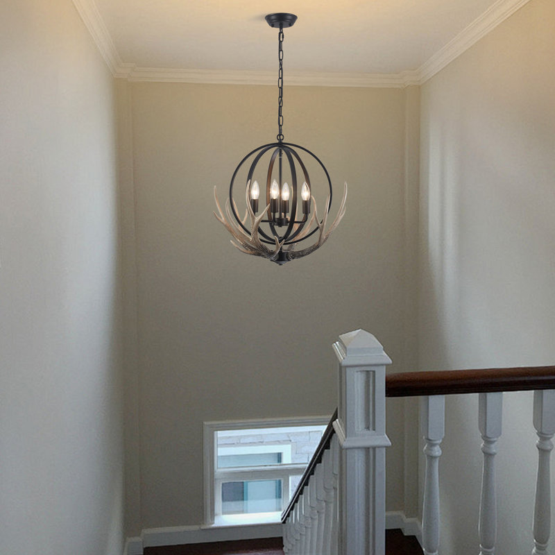 Lustre rustique à 4 lumières à intensité variable de 20,4 po avec résine et 4 branches en bois et abat-jour en métal rétro