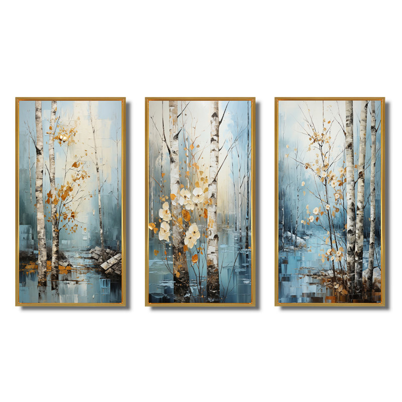 «Birch Woods Winter Whispers», 3 pièces sur toile, Encadrement doré, H 28 po x l 36 po