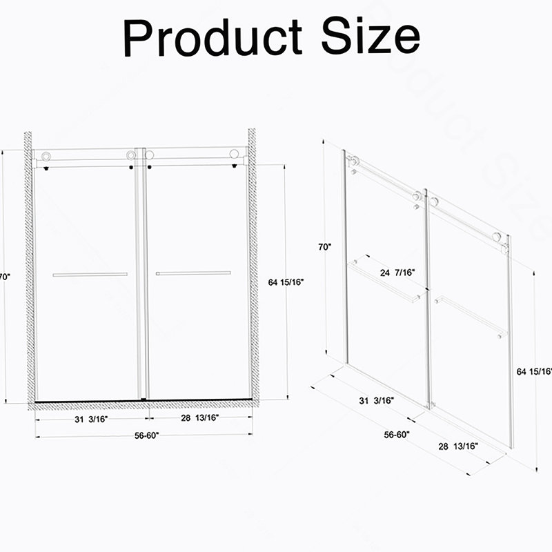 Porte de douche coulissante double sans cadre de 56 à 60 po x H 70 po, verre trempé clair de 5/16 po (8 mm) de large épaisseur, couche facile à nettoyer à double face, fini noir mat avec tampon