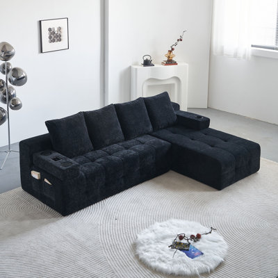 Modern Style L-Shaped Sectional Sofa with Side Pockets,wireless charging device, two USB charging ports, one cup holder, Bluetooth speaker,Reversible Lounge Chaise, Chenille Material,Black Color