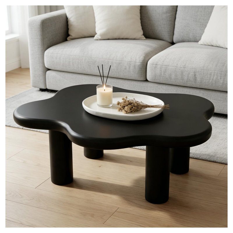 Table basse moderne en forme de nuage, table centrale irrégulière de 40 pouces avec plateau en panneau de fibres à densité moyenne noir et pieds ronds pour le salon