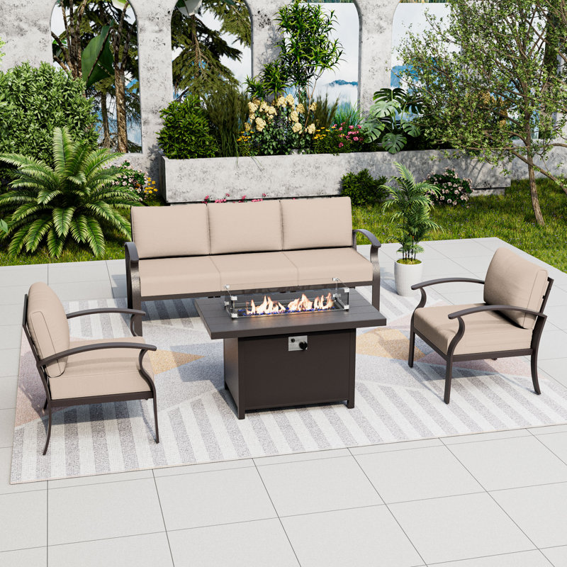 Outdoor Patio Aluminum 5-Person Conversation Set With LP Fire Pit Table&Glass Guard, Tan