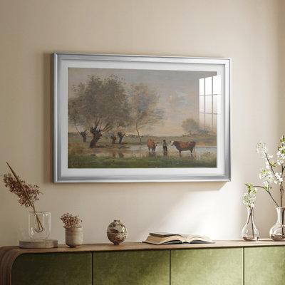 «Cows in a Marshy Landscape» par Jean-Baptiste-Camille Corot, toile tendue avec châssis, v. Milieu du 19e siècle