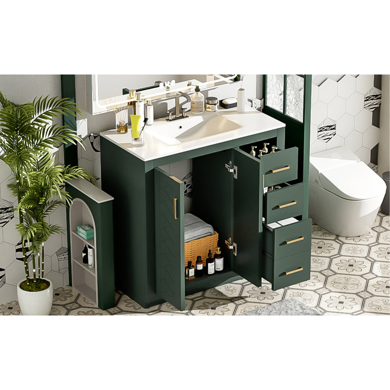 Ensemble de meuble-lavabo 36 po avec lavabo en céramique, armoire de rangement en bois massif, ensemble de meuble-lavabo autoportant avec 3 tiroirs et portes à fermeture douce