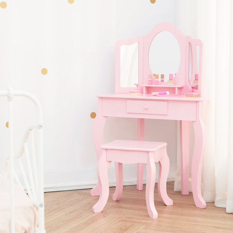 Teamson Kids Little Princess Corner Pink Play Vanity Table & Stool with Tri-Fold Mirror